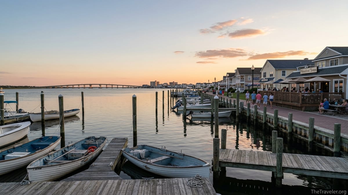 Somers Point waterfront at sunset with boats, docks, and bayfront restaurants.