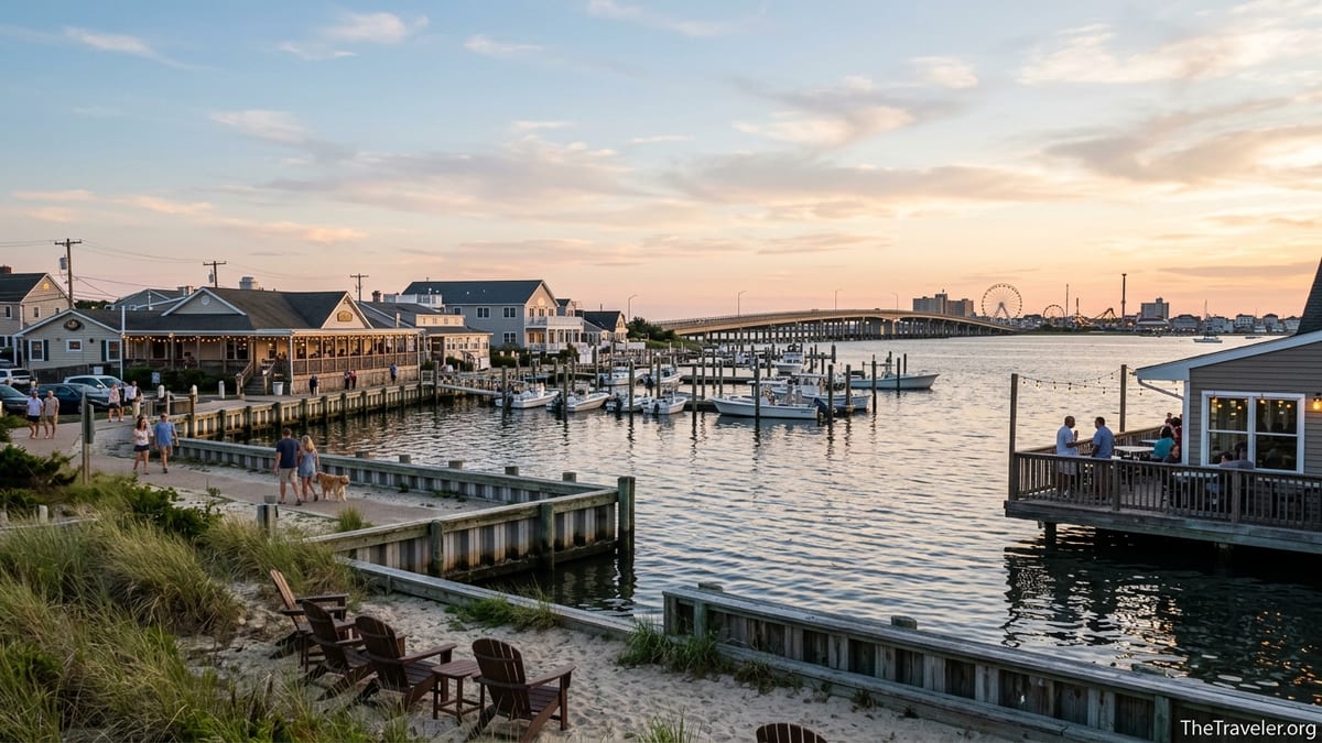 Somers Point bayfront at sunset with marinas, taverns, and the Ocean City skyline across the bay.