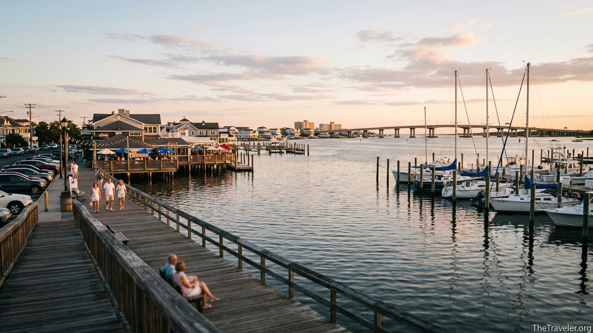Somers Point bayfront at sunset with marinas, restaurants, and views toward Ocean City.