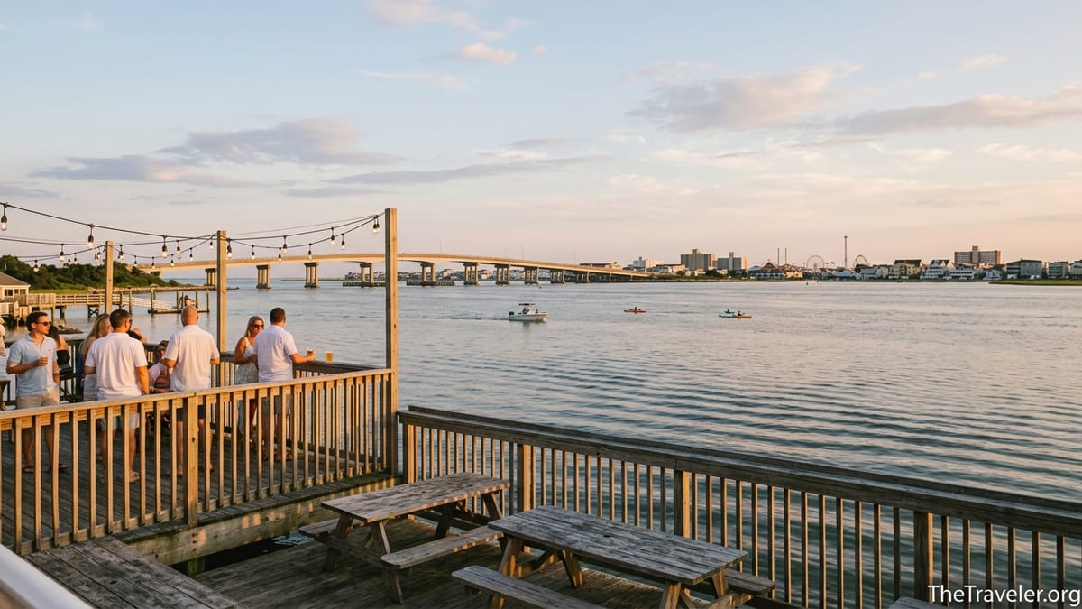 View from a Somers Point bayfront deck bar looking across the water to Ocean City, New Jersey at sunset.