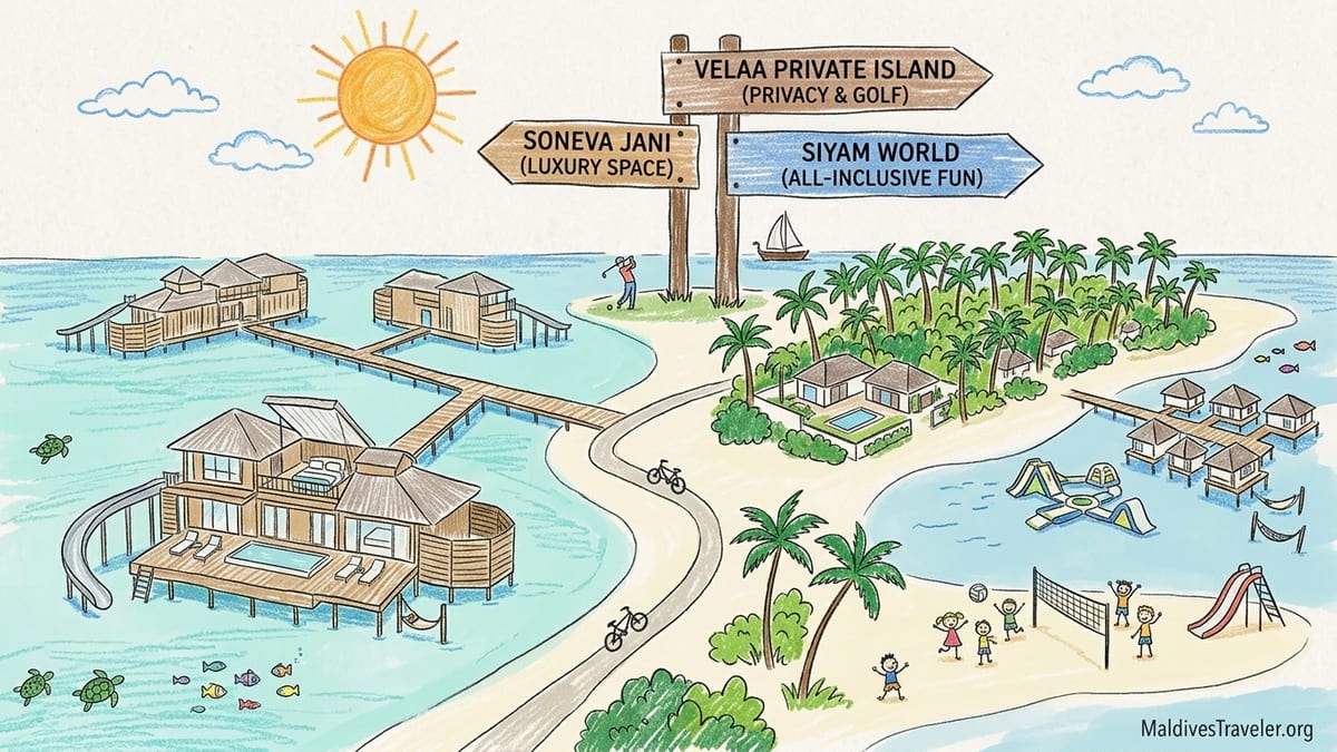 Aerial view of three contrasting Maldives island resorts with overwater villas and beaches in Noonu Atoll at sunset.