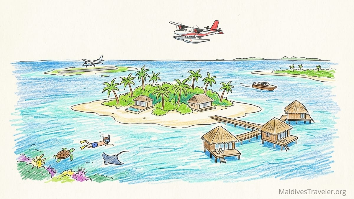 Aerial view of Soneva Secret Maldives with overwater villas and a tiny lush island in a remote turquoise lagoon.