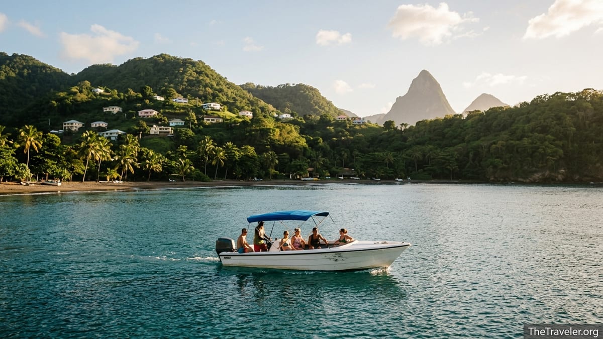 Water taxi crossing calm sea between Soufrière and Anse Chastanet with green hills in the background.