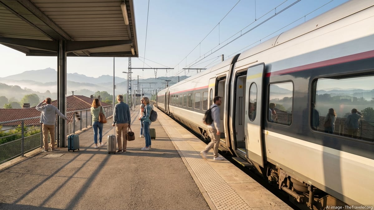 Travelers board a modern long-distance train at sunrise between France and Spain.