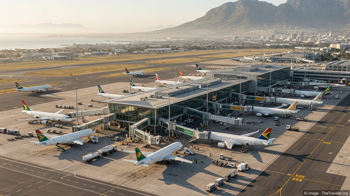 Aerial view of a busy African international airport with jets at a modern terminal near a coastal city and mountains at dusk.