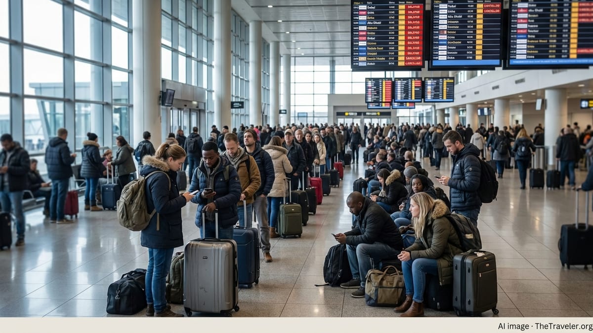 Stranded passengers queue under departure boards showing cancelled Middle East flights at Johannesburg airport.