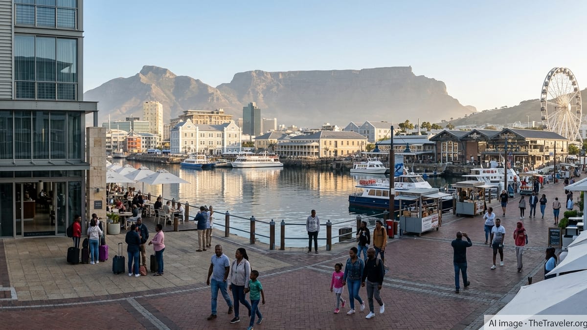 Busy morning at Cape Town’s V&A Waterfront with people walking beside the harbor and Table Mountain in the background.