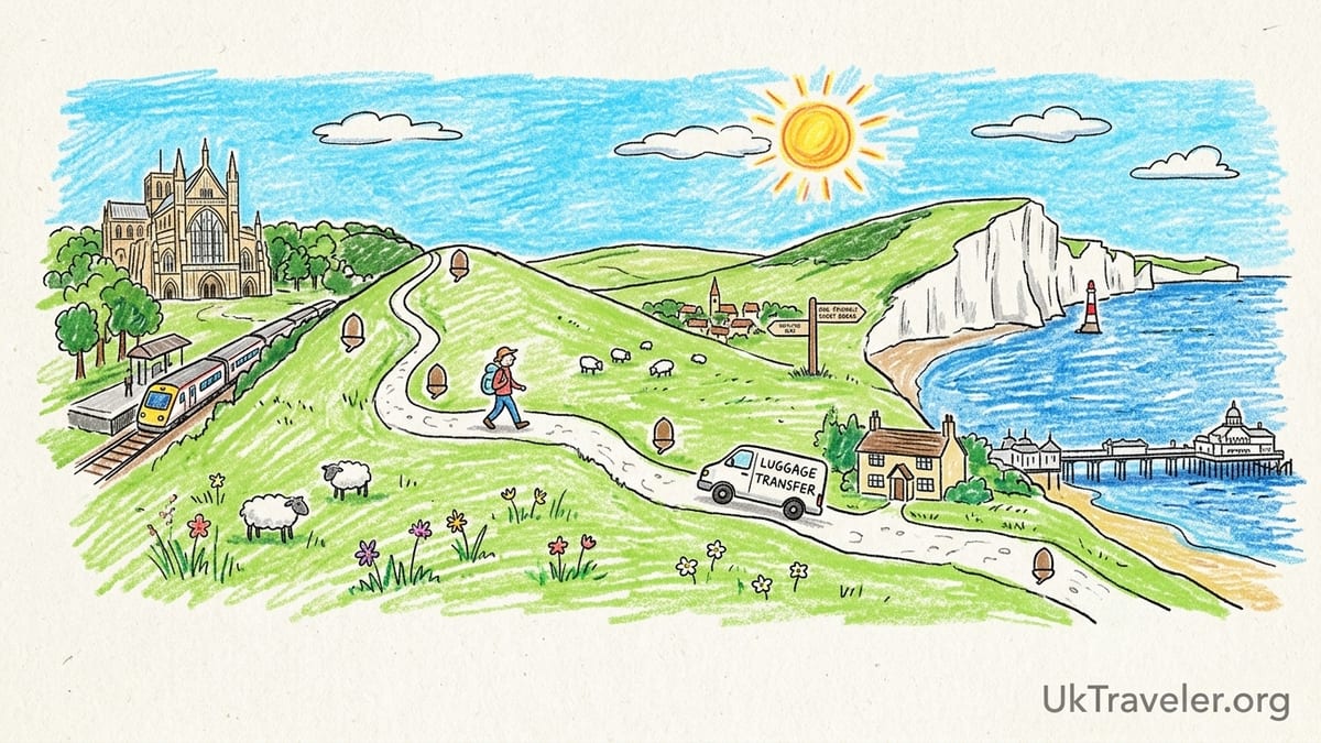 Walkers on a chalk ridge of the South Downs Way with rolling green hills and sea on the horizon.