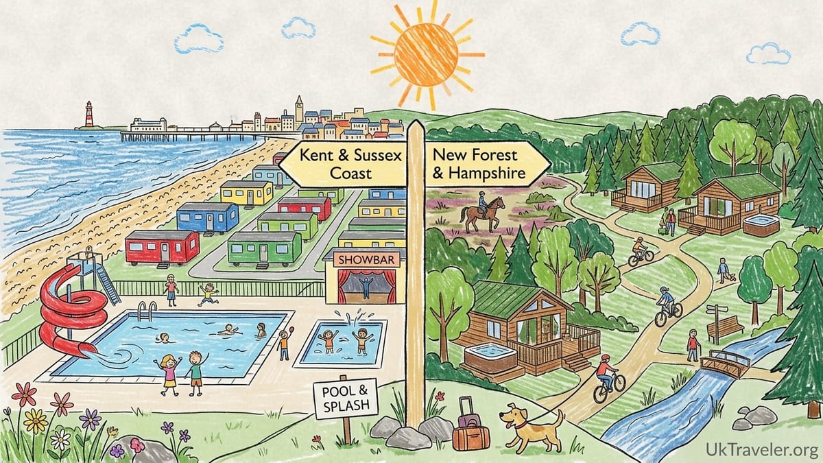 Family holiday park by a South Coast beach at sunrise with caravans and sea views.