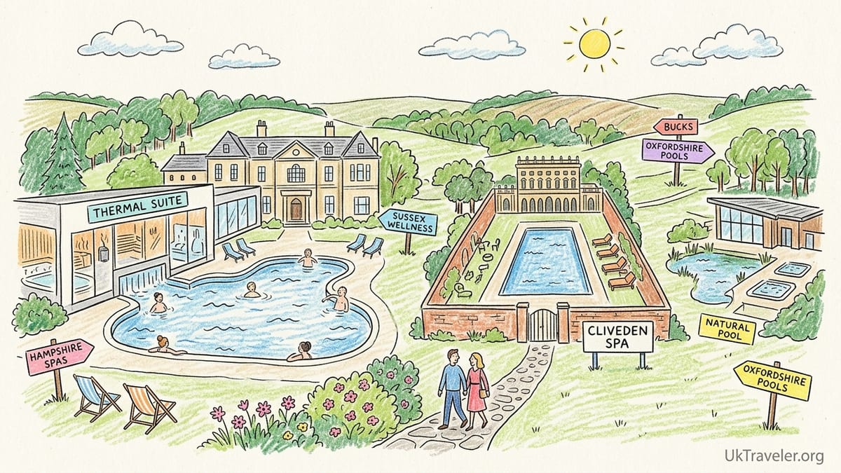 Outdoor hydrotherapy pool beside a luxury country-house spa hotel in rural South East England.