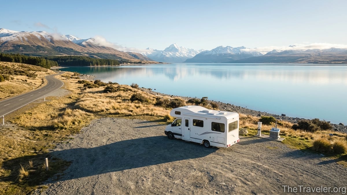 Campervan parked by Lake Pukaki on New Zealand’s South Island with snowy mountains in the background.