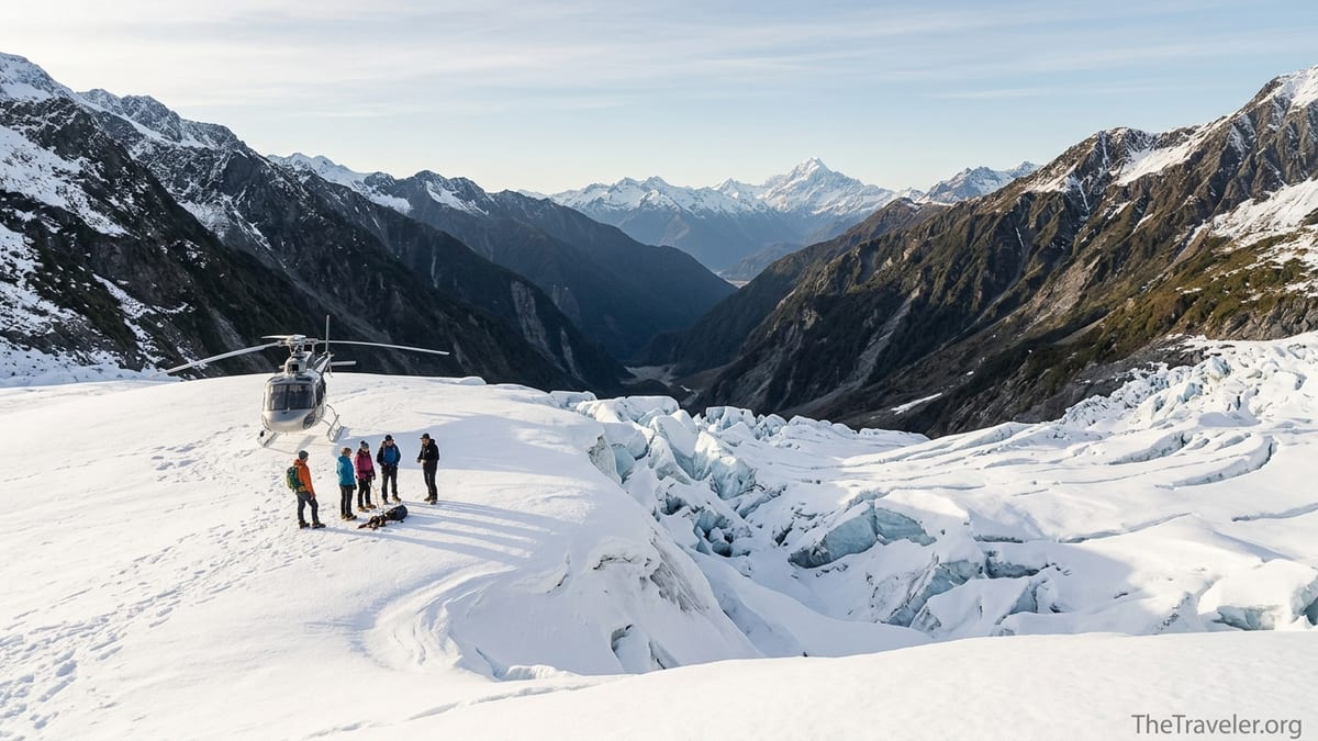 Helicopter and small guided group standing on a snowy South Island glacier above a deep valley.