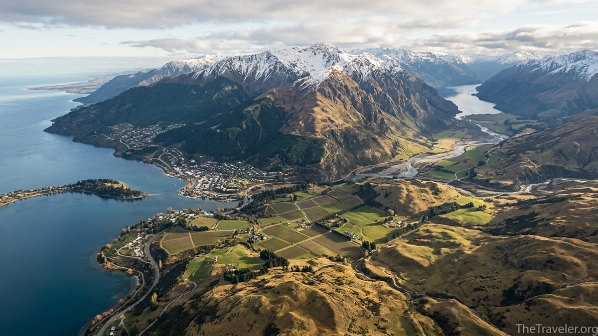 Aerial view of New Zealand’s Southern Alps descending to a blue lake and town.