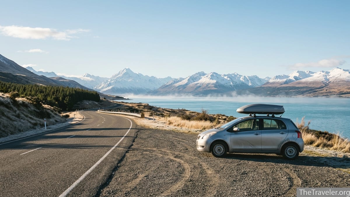 South Island New Zealand highway beside Lake Pukaki leading toward snow-capped Aoraki Mount Cook on a clear frosty morning.
