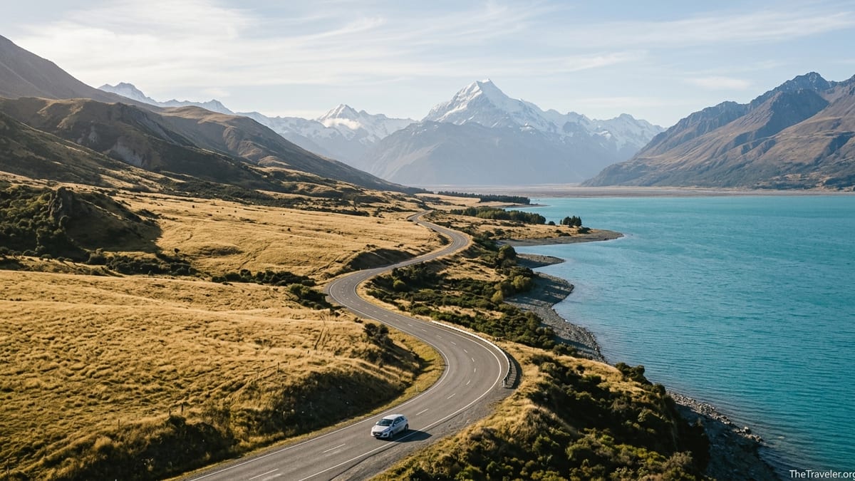 A small car drives along a highway beside Lake Pukaki toward snow-capped Aoraki Mount Cook on New Zealand’s South Island.
