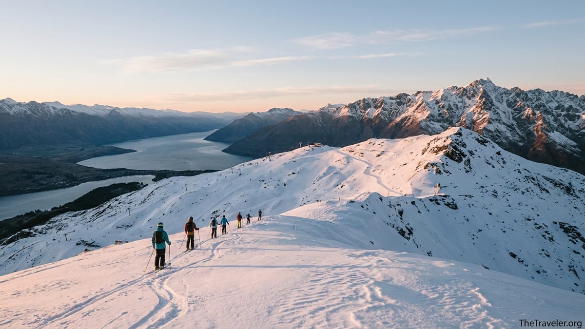 Skiers on a snowy ridge above Queenstown with South Island mountains and lake below