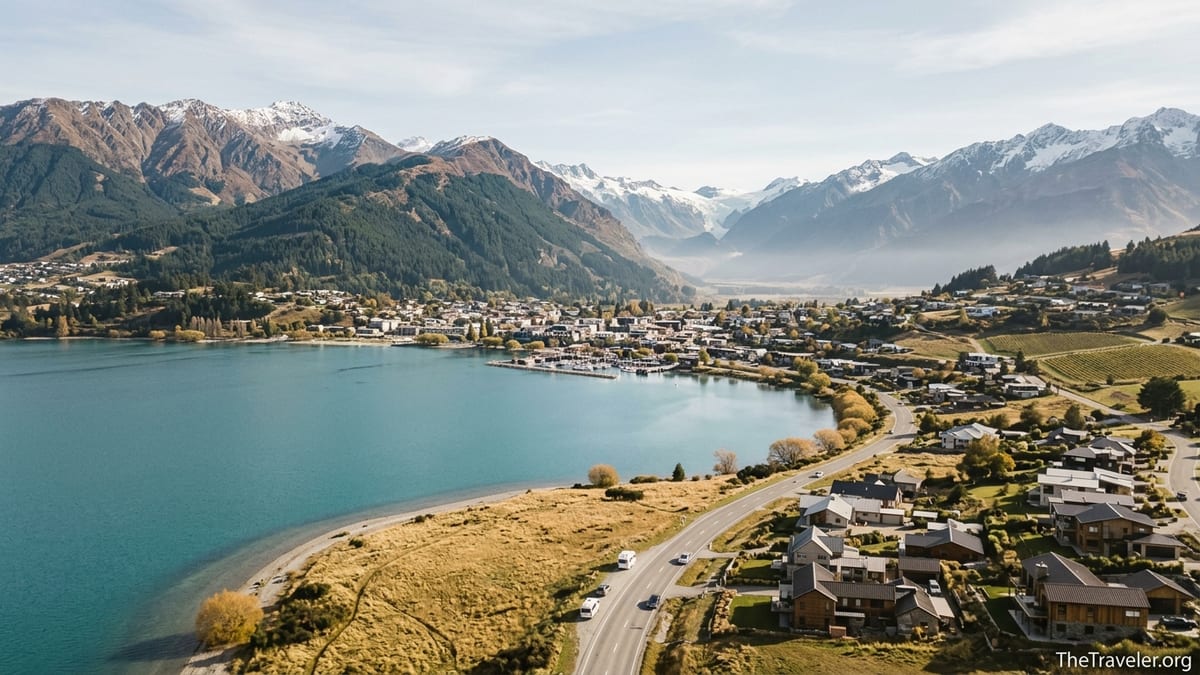 Aerial view of a South Island lake town surrounded by snow-capped mountains and turquoise water.