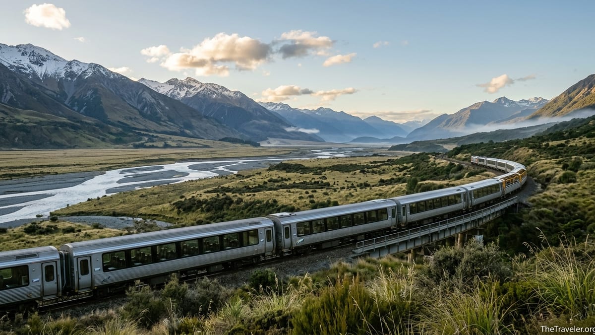 Scenic train crossing New Zealand’s Southern Alps beside a braided river under soft morning light.