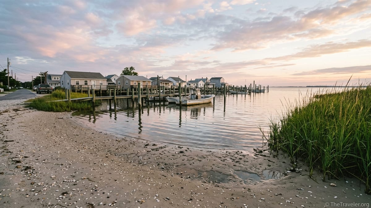 Quiet South Jersey bayshore village at sunrise with docks, boats and marsh grass.