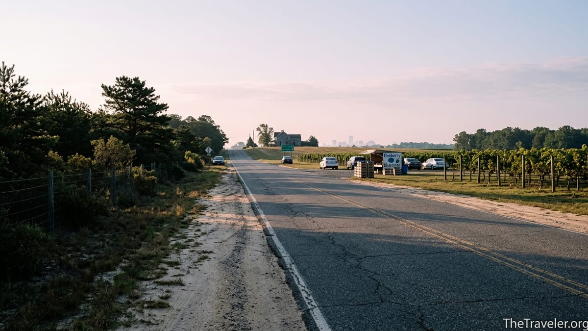 Rural South Jersey road passing pine forest and vineyards near Hammonton at dawn.
