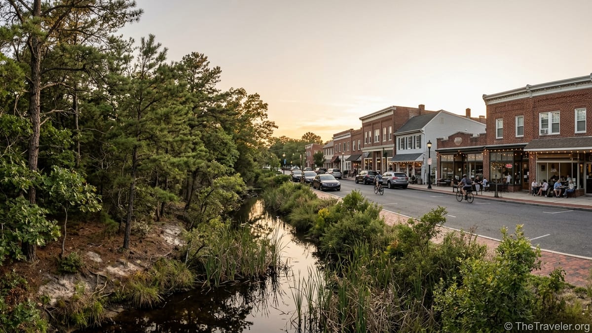 View of South Jersey pine forest merging into a lively small-town main street at golden hour.