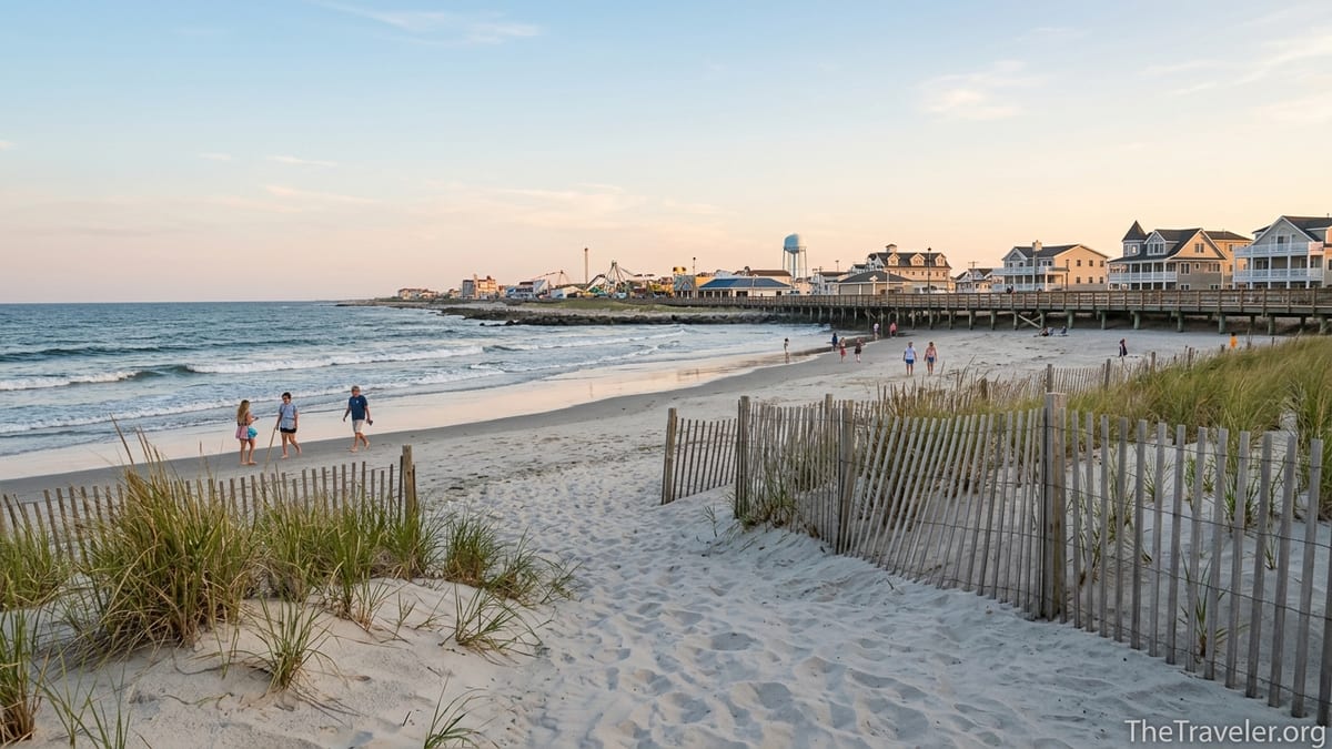 Early evening view of a quiet South Jersey beach with boardwalk town and gentle surf.
