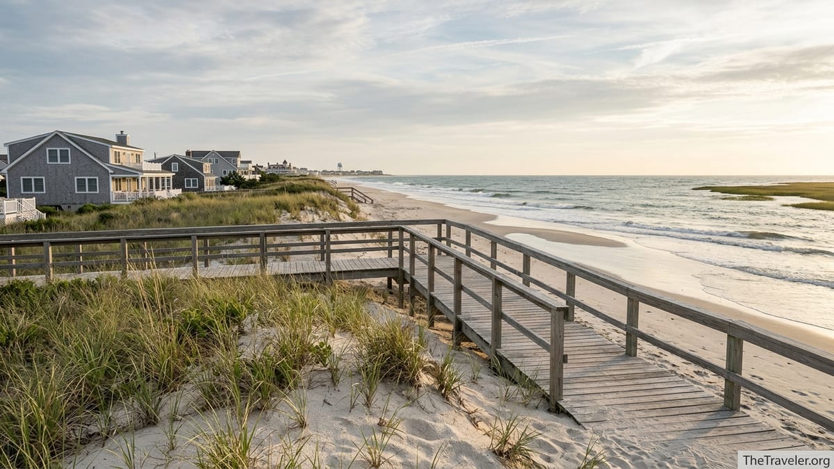 Sunrise over a South Jersey beach with boardwalk, dunes, and distant shore houses.