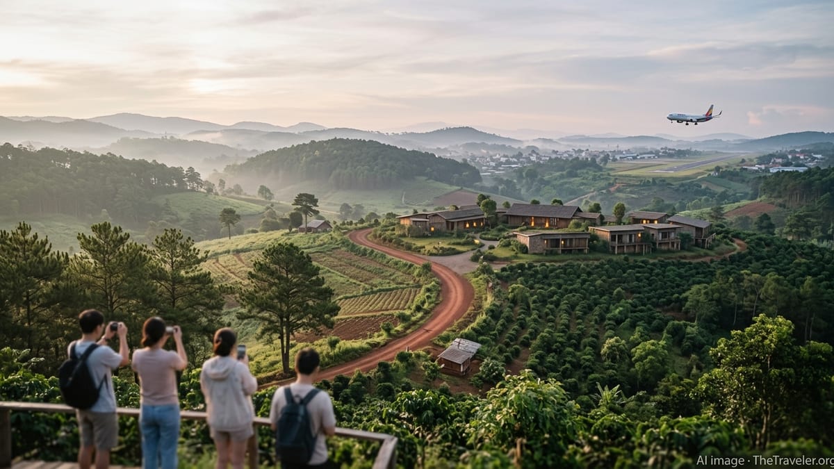 Misty highland valley in Gia Lai, Vietnam, with eco‑lodge and Asian tourists at a viewpoint at dawn.