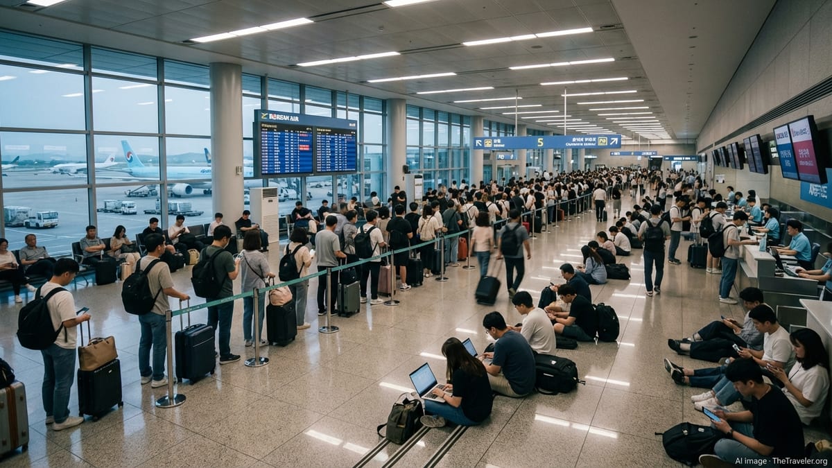 Stranded passengers line up at South Korean airport check-in counters during flight disruption.