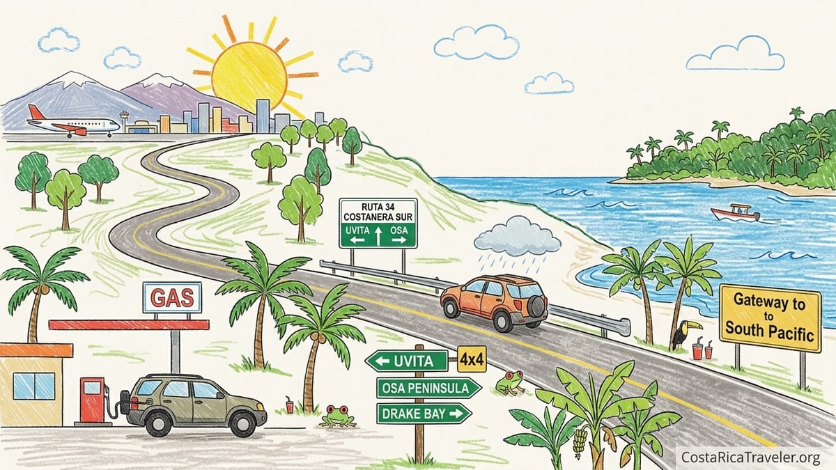 Compact SUV parked beside Costa Rica’s Route 34 with wet coastal highway and rainforest hills.