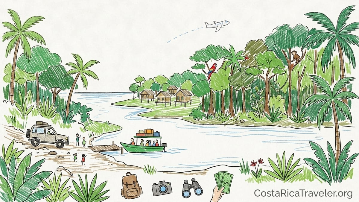 Boat with travelers on the Sierpe River heading toward Drake Bay through dense rainforest.