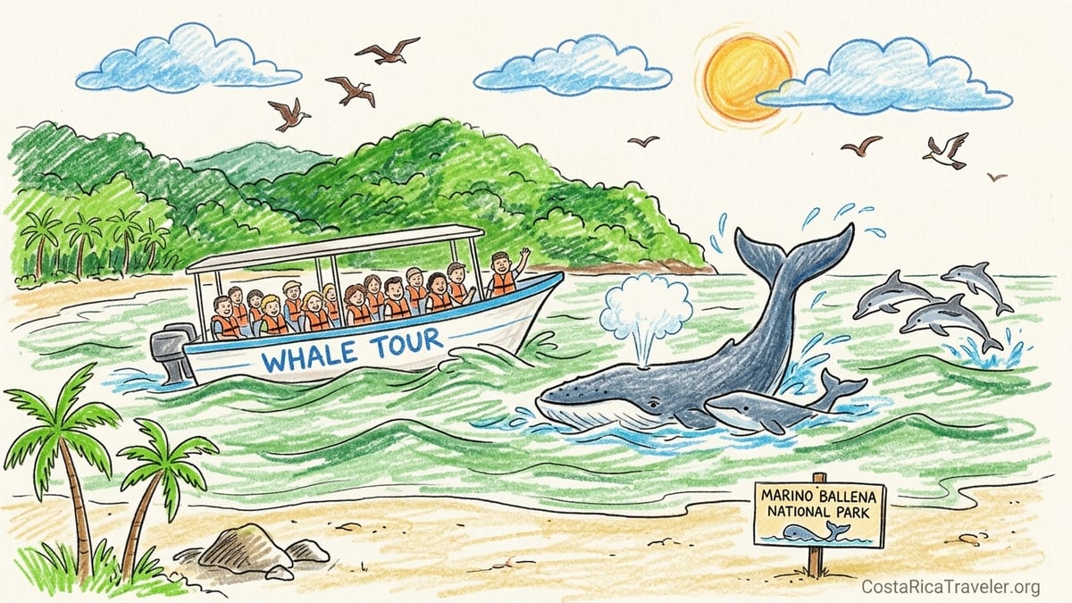 Small tour boat watching a humpback whale and calf off Costa Rica’s lush South Pacific coast.