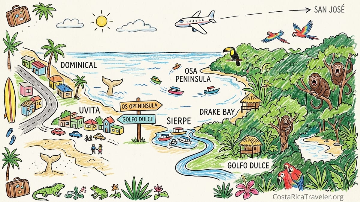 Aerial view of Costa Rica’s South Pacific coast, rainforest meeting beaches and calm gulf waters.
