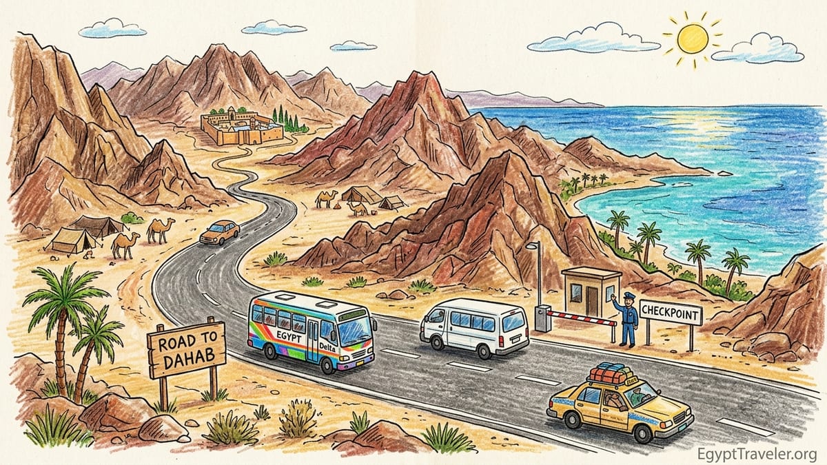 Coastal highway between Sharm El Sheikh and Dahab with Sinai mountains and Gulf of Aqaba at sunrise.