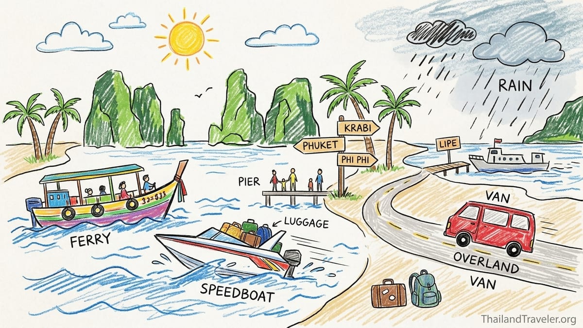 Travelers boarding ferries and speedboats at a busy South Thailand pier with luggage and ticket counters.