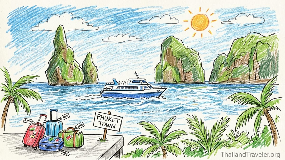 Traveler steps off a speedboat onto a Thai island beach with luggage, morning light and karst cliffs behind