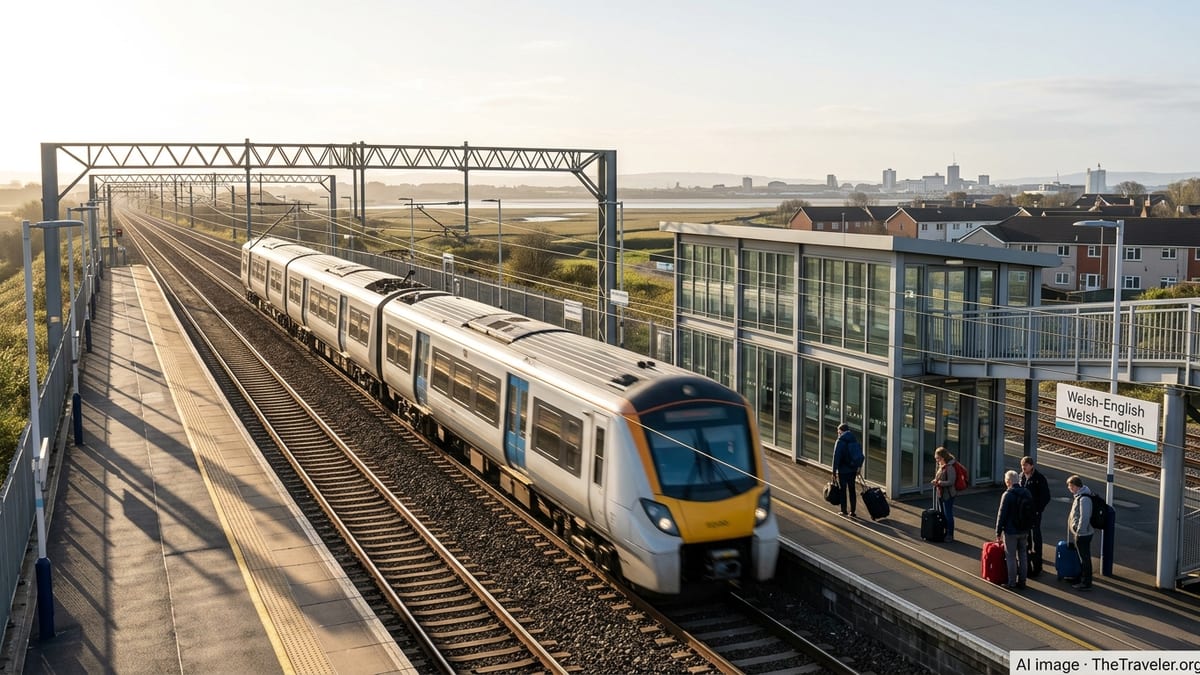 Modern train on upgraded relief line near a new South Wales station at sunrise.