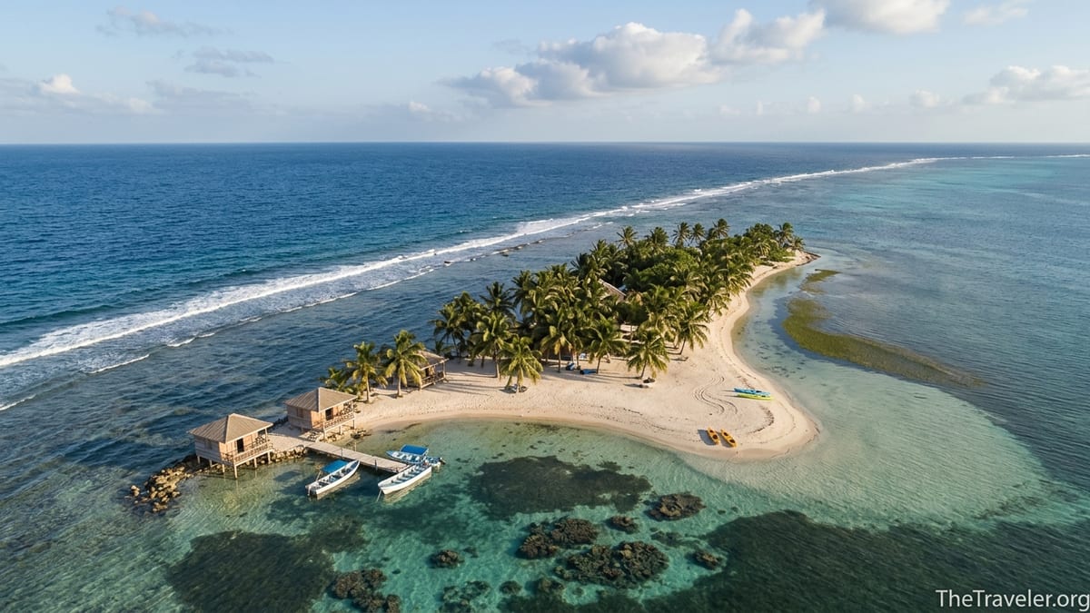 Snorkelers exploring coral reef in shallow turquoise water off South Water Caye, Belize