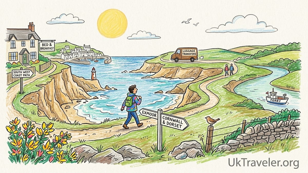 Hiker with day pack walking a cliff top section of the South West Coast Path above a Cornish fishing village at sunrise.
