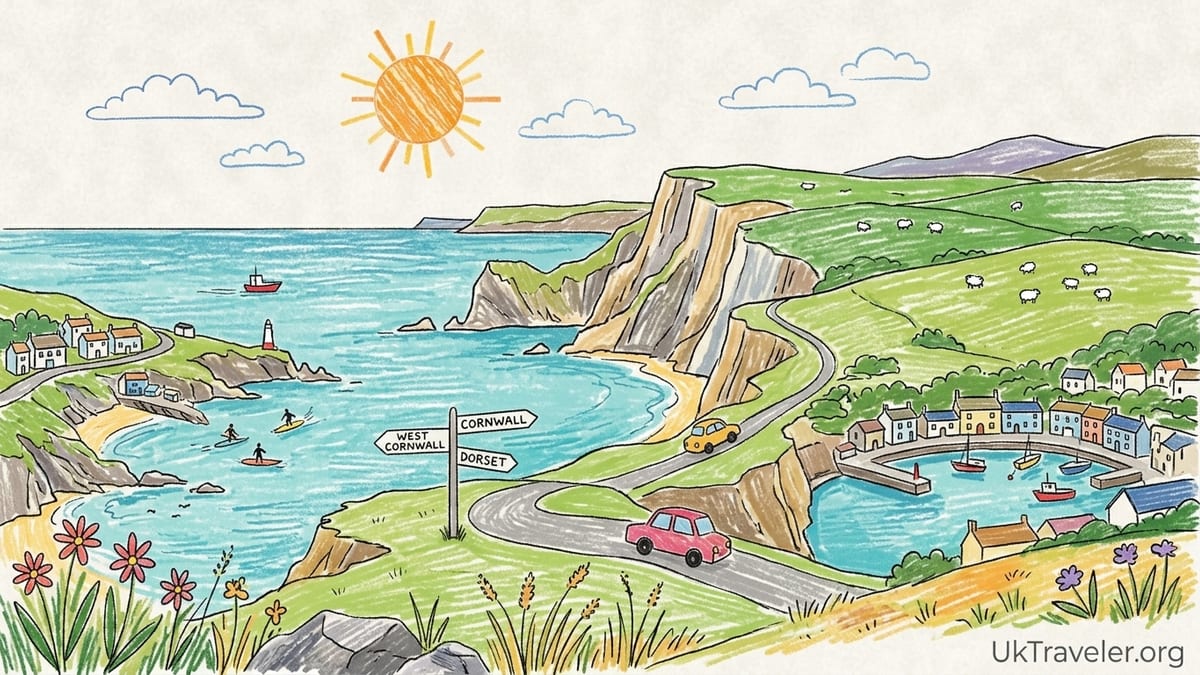 Aerial view of a South West England fishing village beside cliffs, beach and coastal path in soft late afternoon light.