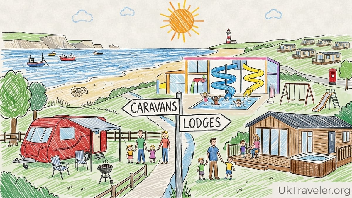 Family walking through a South West England holiday park of caravans and lodges overlooking the sea at sunset.