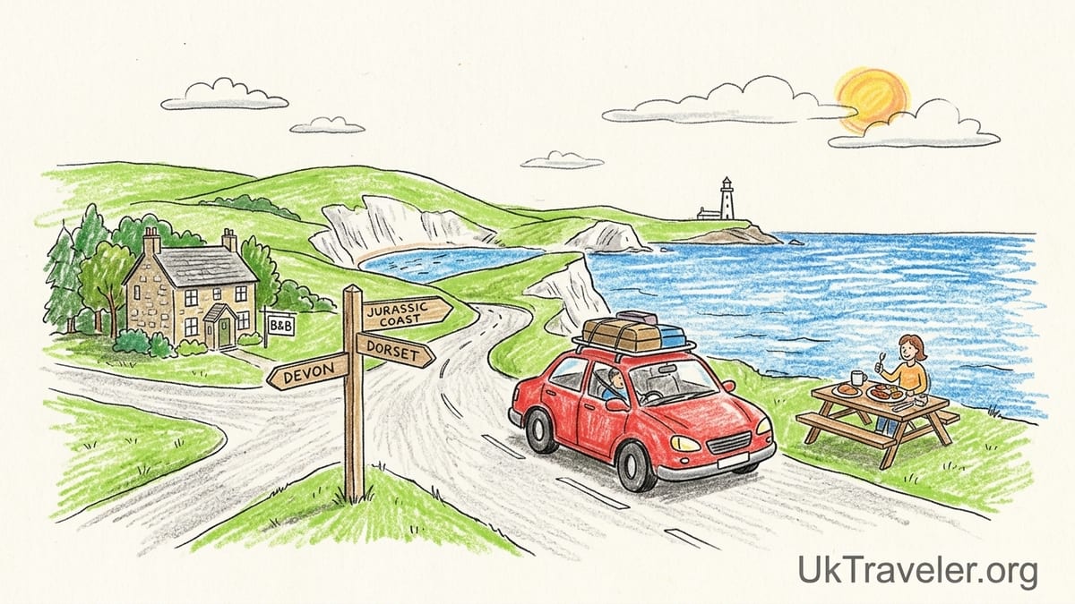 Coastal road in South West England curving above cliffs and coves with a lone car at golden hour.