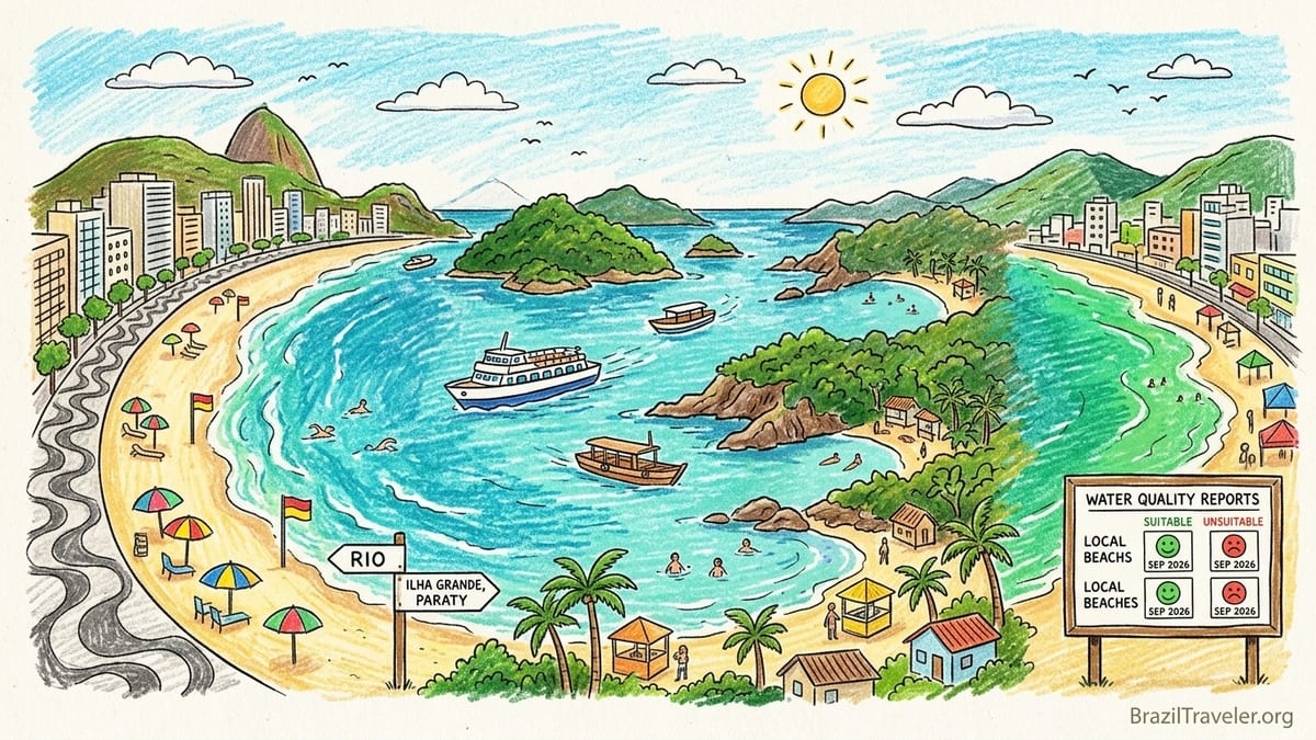 Calm green-water cove on Brazil’s southeast coast with pale sand and forested hills
