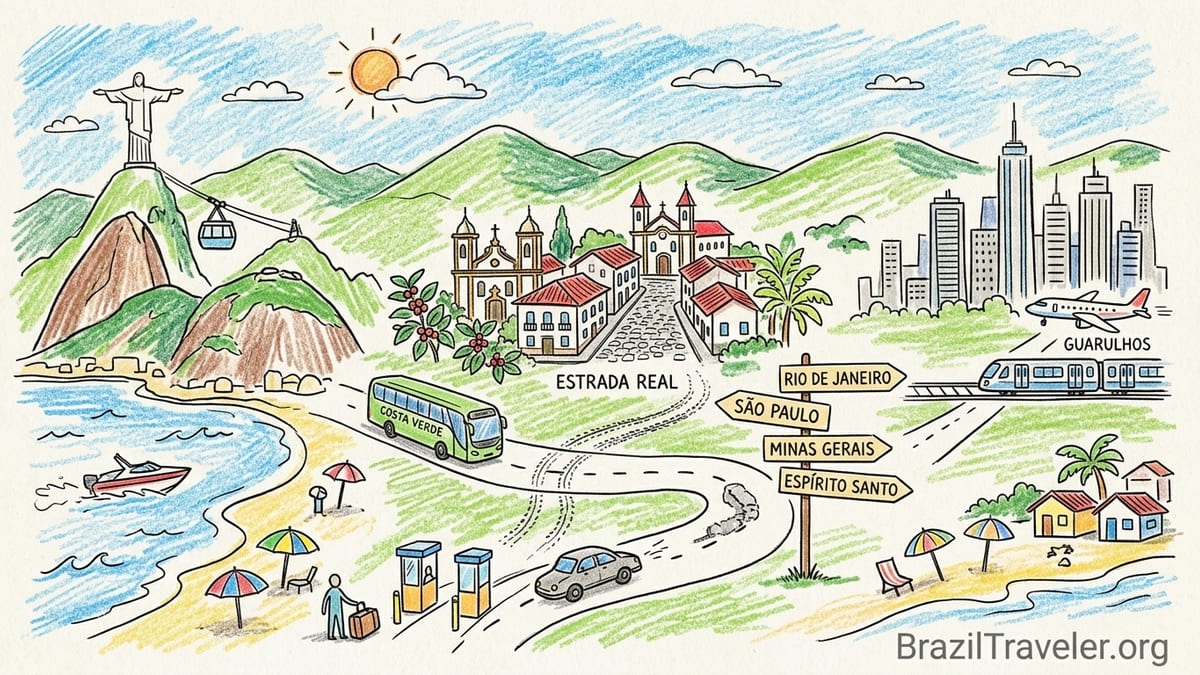 Panoramic view of Southeast Brazil with city skylines, forested mountains and Atlantic beaches.