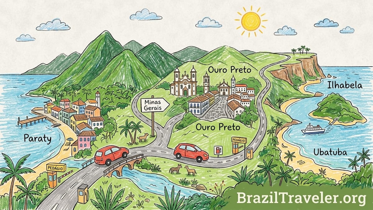 Compact car on a winding coastal road between mountains and sea in southeast Brazil.