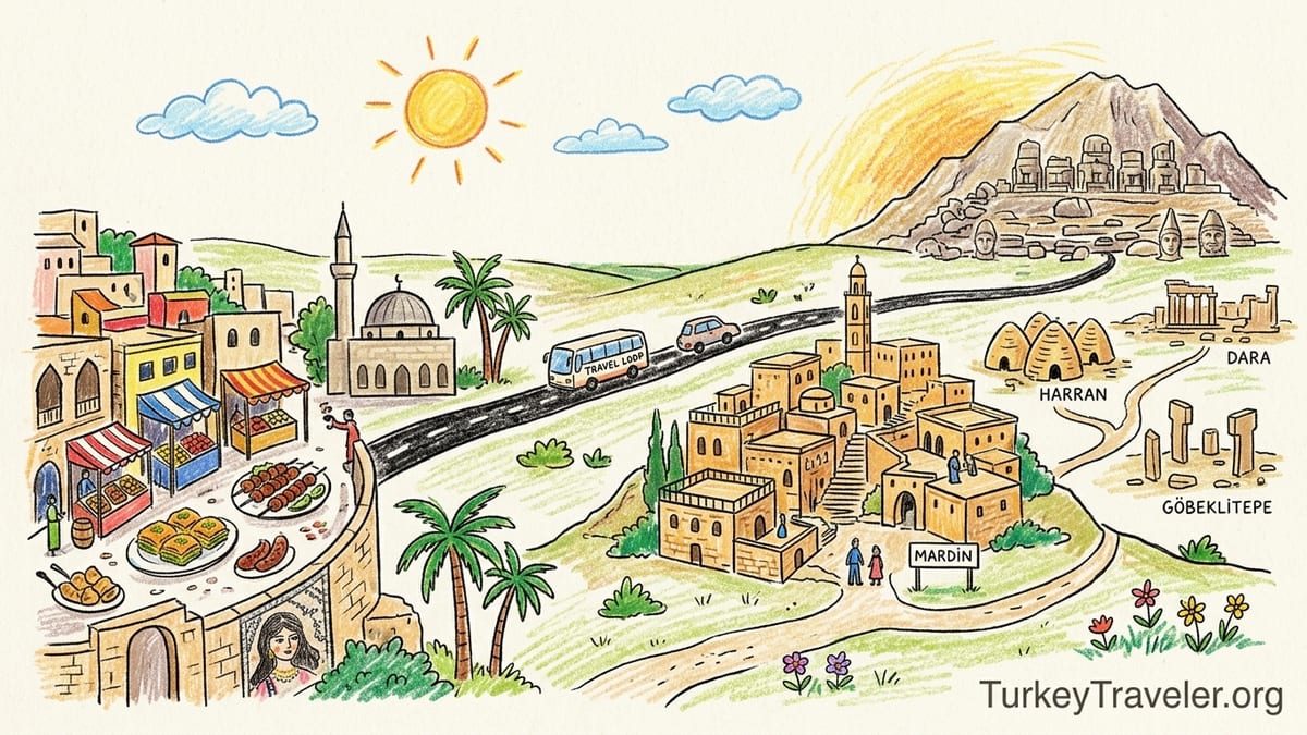 Sunrise over the stone terraces and rooftops of Mardin overlooking the Mesopotamian plain.