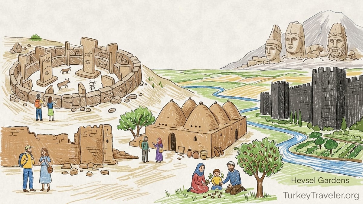 Rooftop view over the stone houses and minarets of old Mardin above the Mesopotamian plain at sunrise.