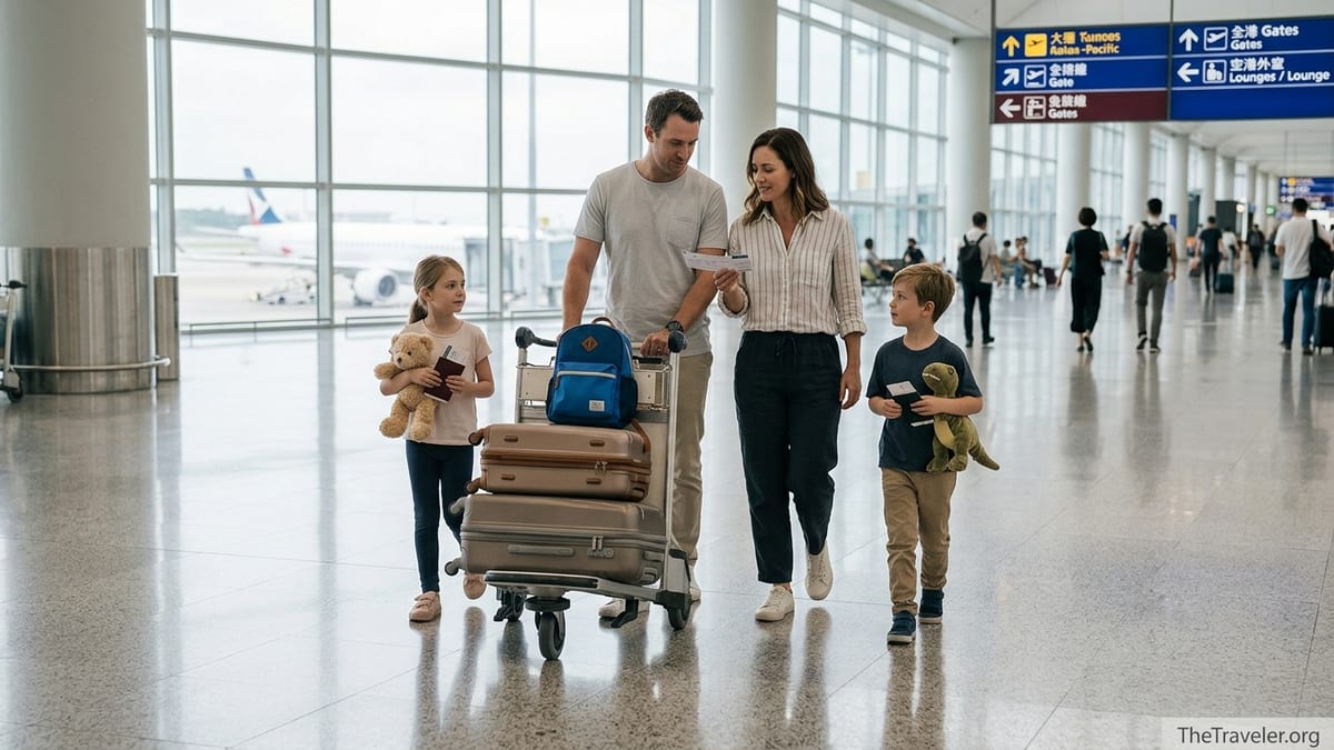Family with children walking through an international airport with luggage.