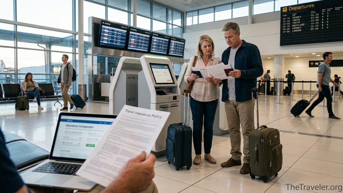 Travellers at an airport carefully reading travel insurance documents before check-in