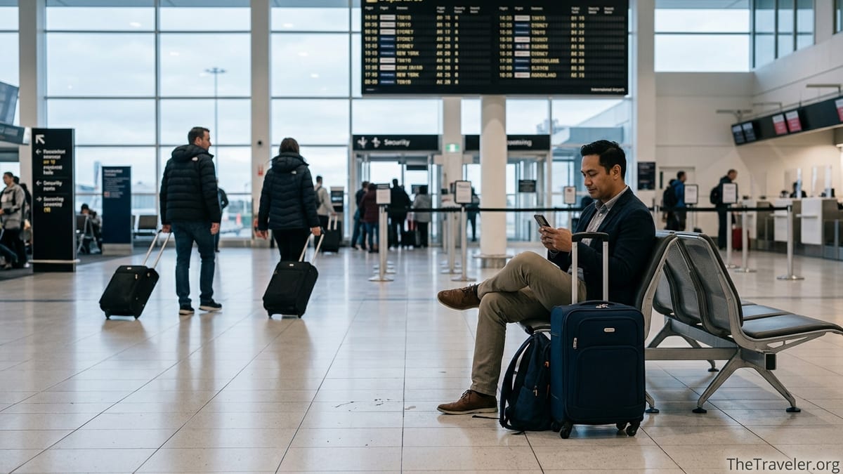 Traveler in Auckland airport reviewing Southern Cross travel insurance on their phone.
